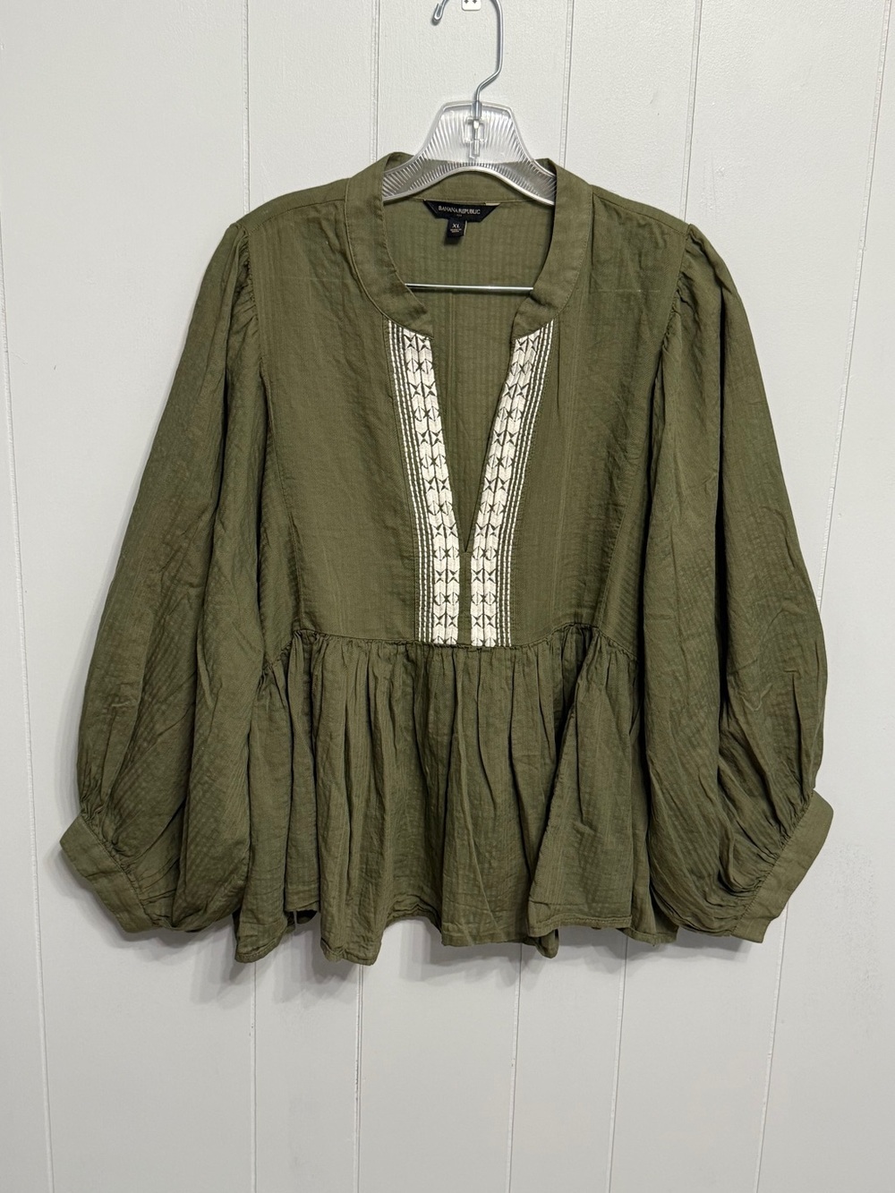 #13) Olive Peasant Blouse with Embroidered Placket - Women
